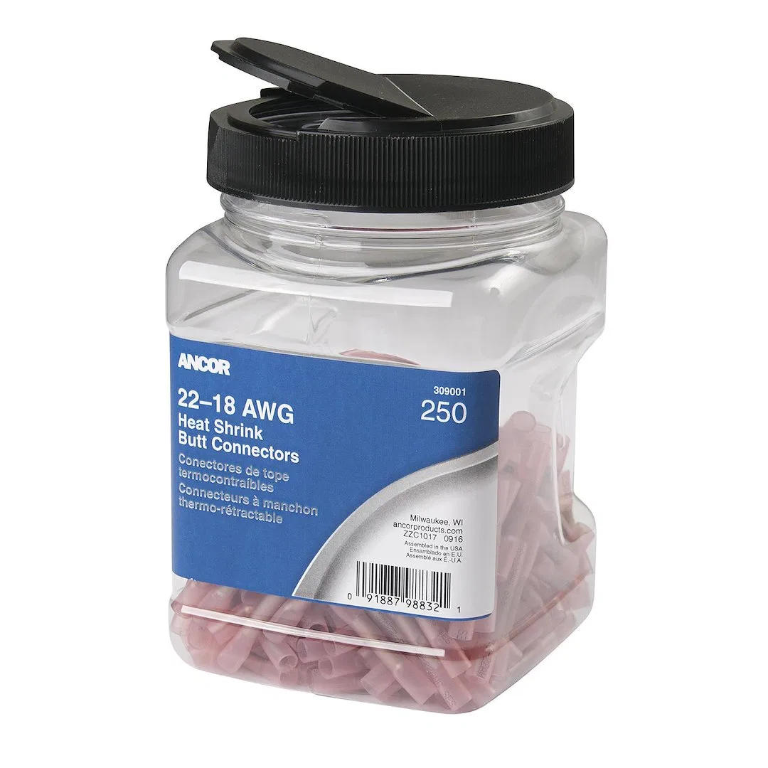 309001 – ANCOR Wire Terminal End, Heat Shrink Butt Connector 22-18 Gauge Wire Red Pack Of 250 With Reusable Clear Jar